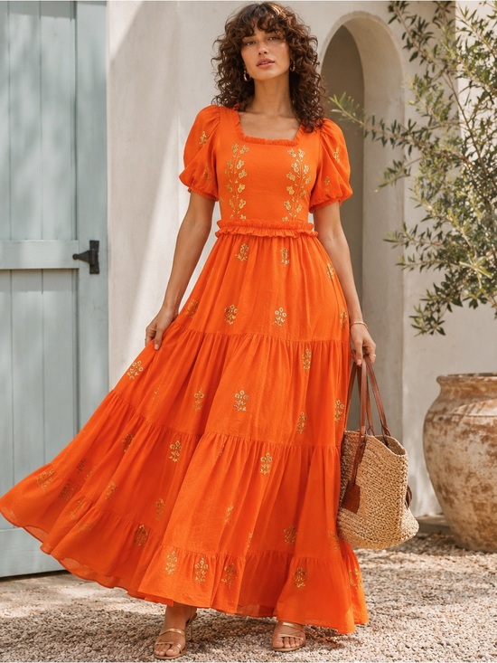 Ivy City Co Dresses & Skirts - Ivy City Co Folklore Maxi Dress NWT Orange Gold Embroidery Size 4 Sold Out